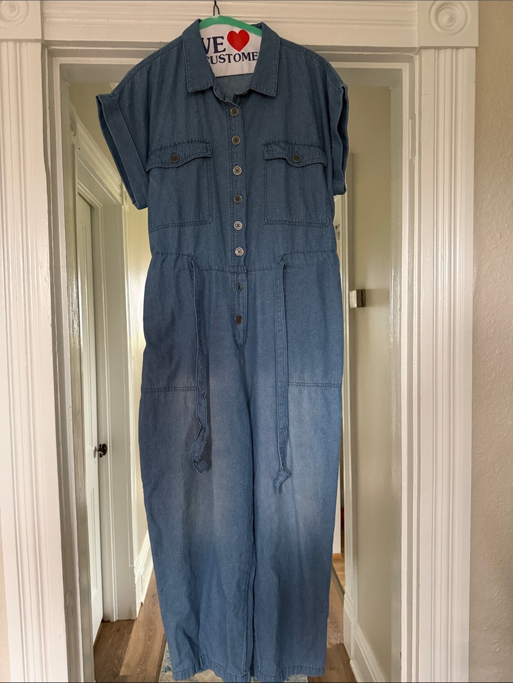 Light Blue Denim Utility Jumpsuit with Waist Tie